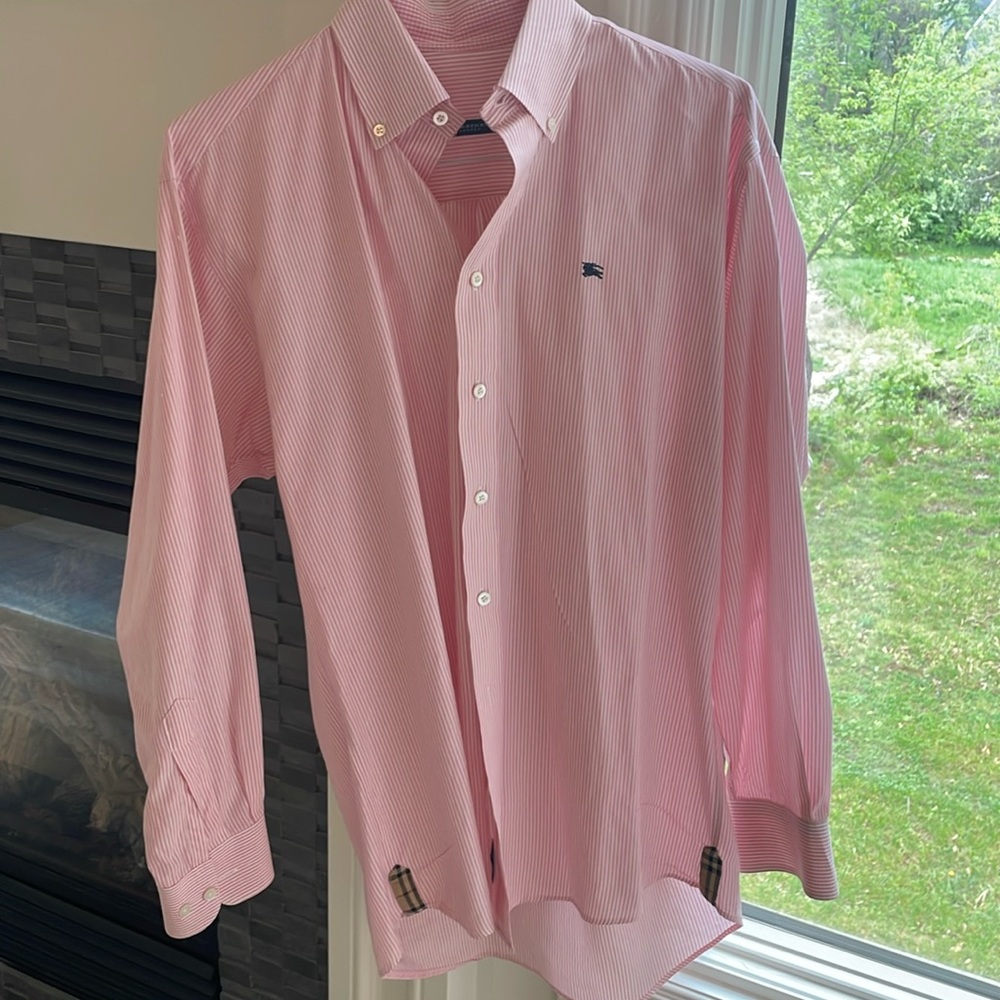 Burberry men's dress shirt with colllar buttons light pink with stripes